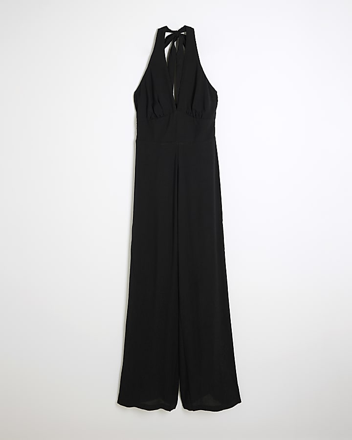 Black Jacquard Halter Neck Jumpsuit