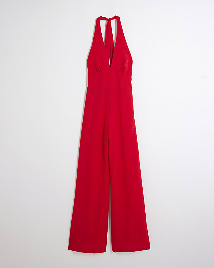 Red jacquard halter neck jumpsuit