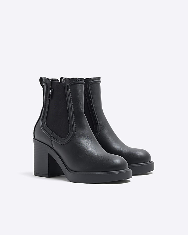 Black Faux Leather Heeled Chelsea Ankle Boots