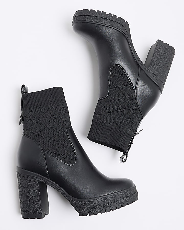 Black Faux Leather Quilted Knit Heeled Boots