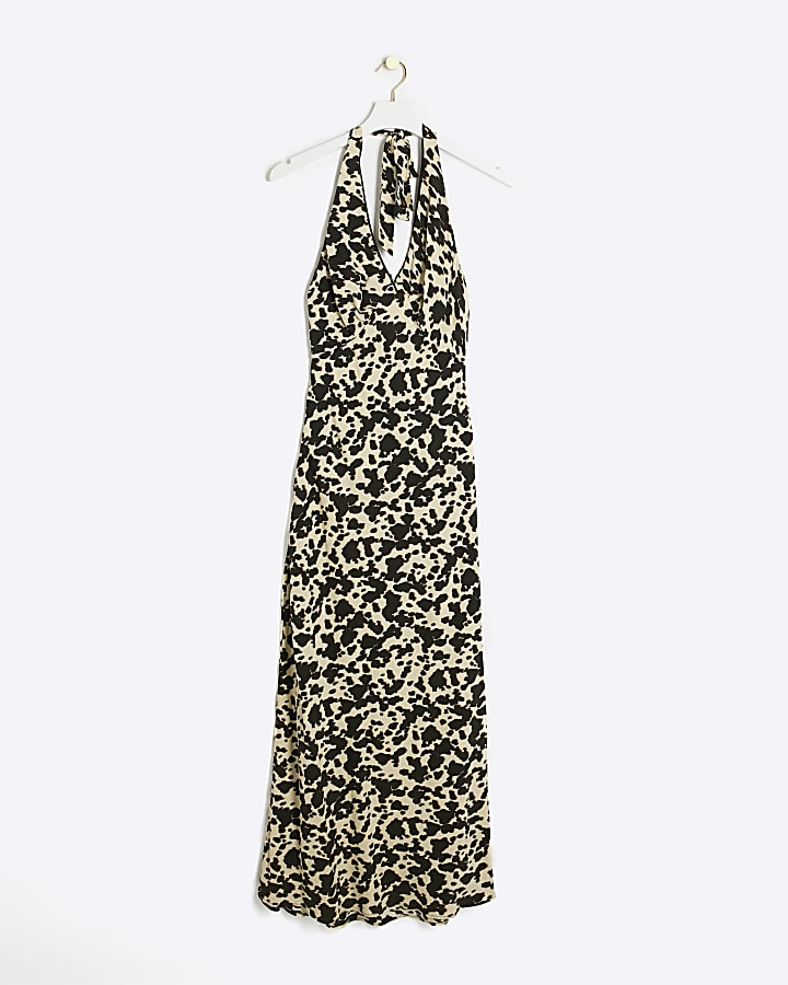 Brown leopard halter neck slip maxi dress