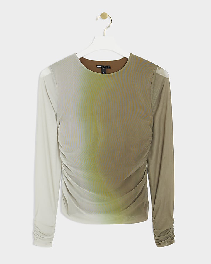 Green mesh ombre ruched long sleeve top