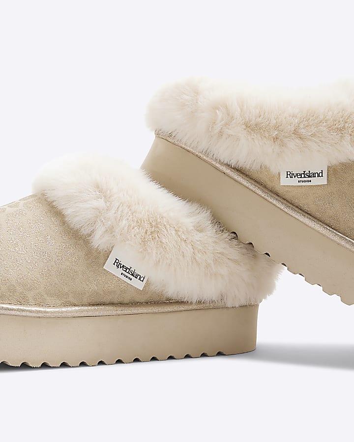 Gold Faux Fur Leopard Platform Slippers