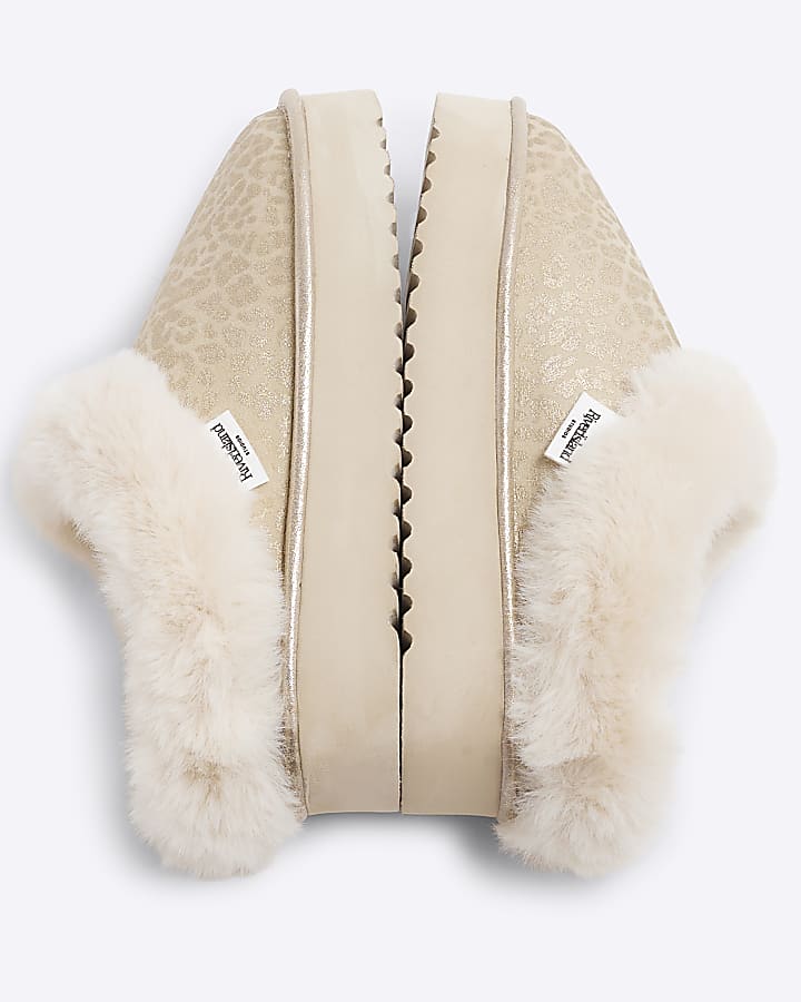 Gold Faux Fur Leopard Platform Slippers