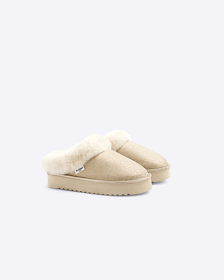 Gold Faux Fur Leopard Platform Slippers