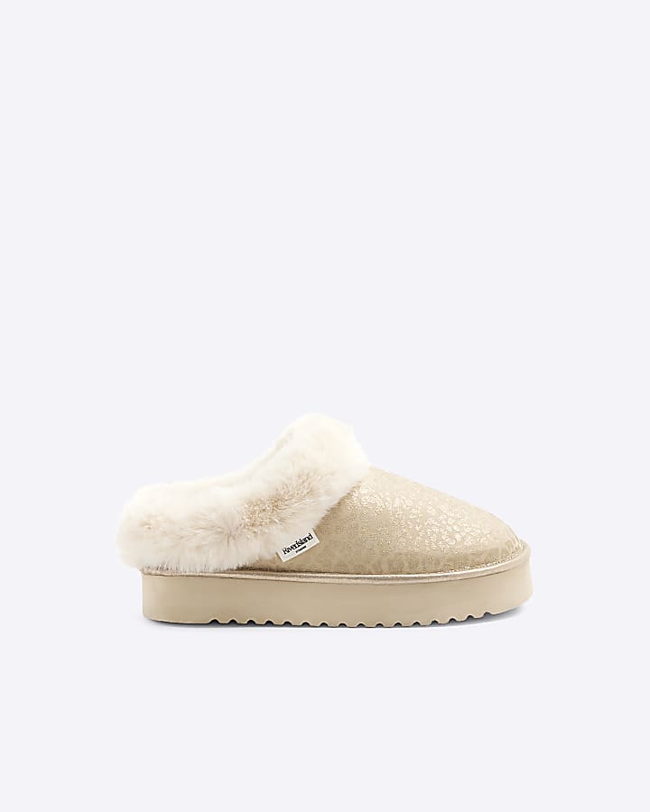 Gold Faux Fur Leopard Platform Slippers