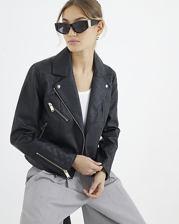 Black quilted cuff faux leather biker jacket