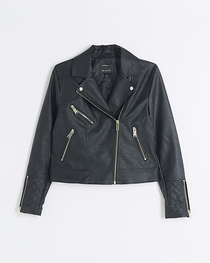 Black Faux Leather Zip Biker Jacket