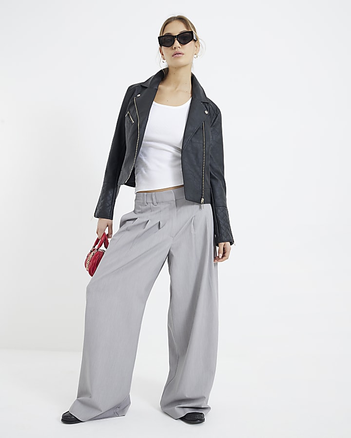 Black Faux Leather Zip Biker Jacket