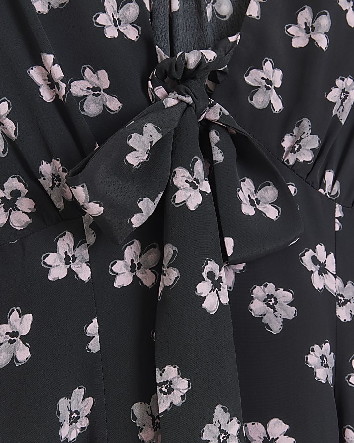 Black floral tie front swing mini dress