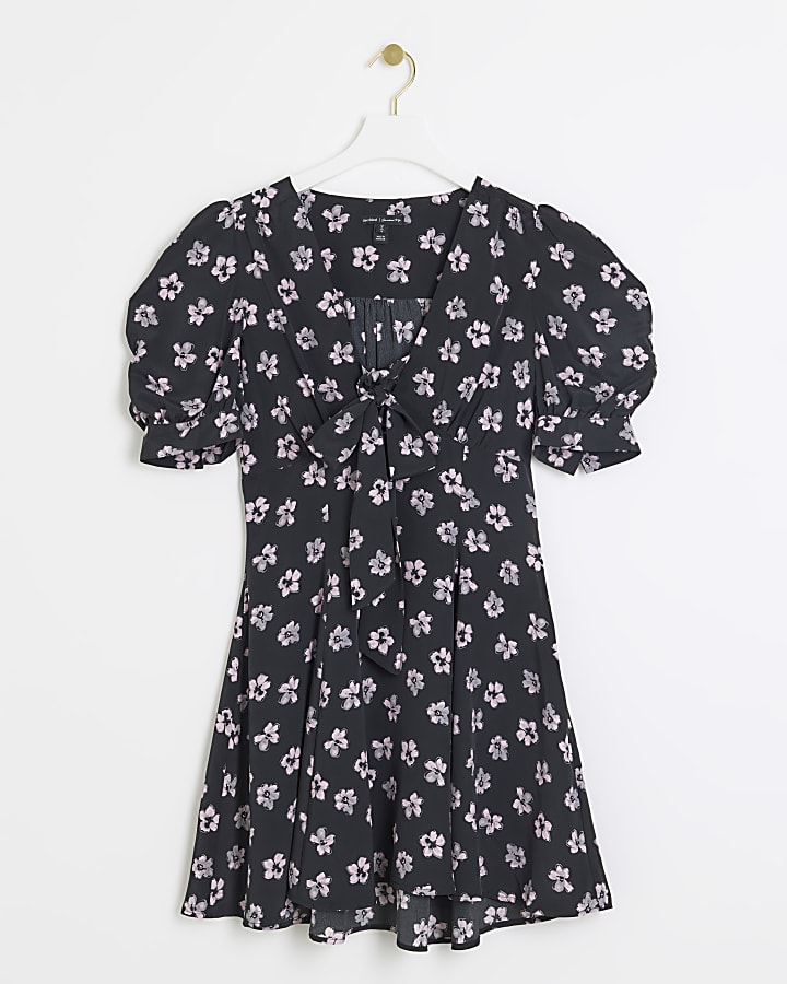 Black floral tie front swing mini dress