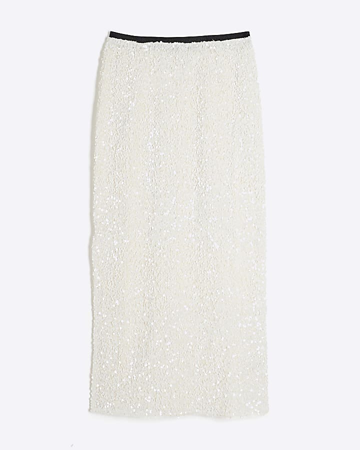 Petite White Sequin Pull On Midi Skirt