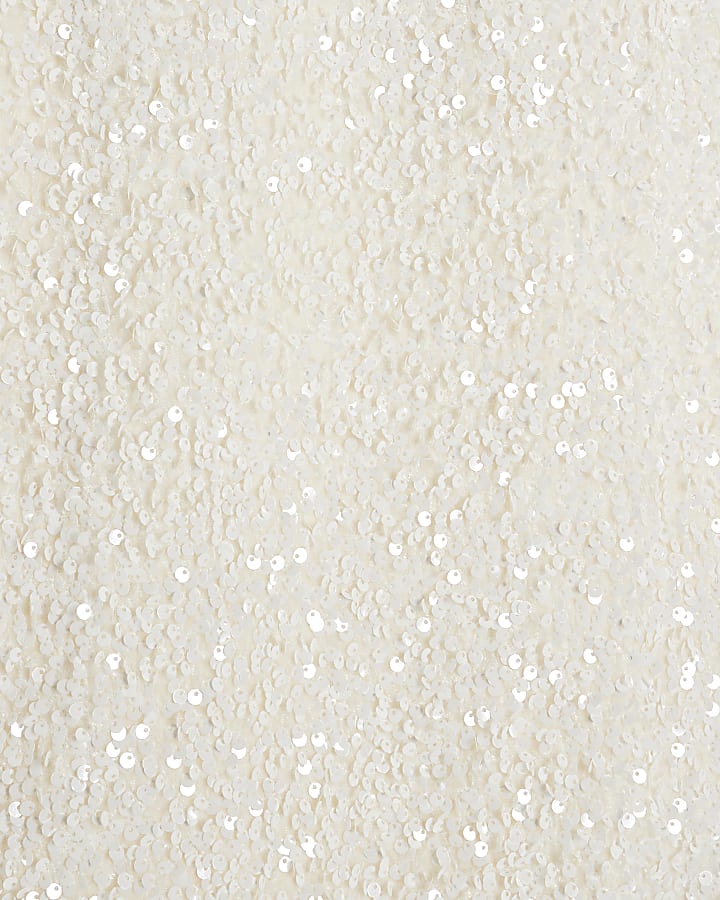 Petite White Sequin Pull On Midi Skirt