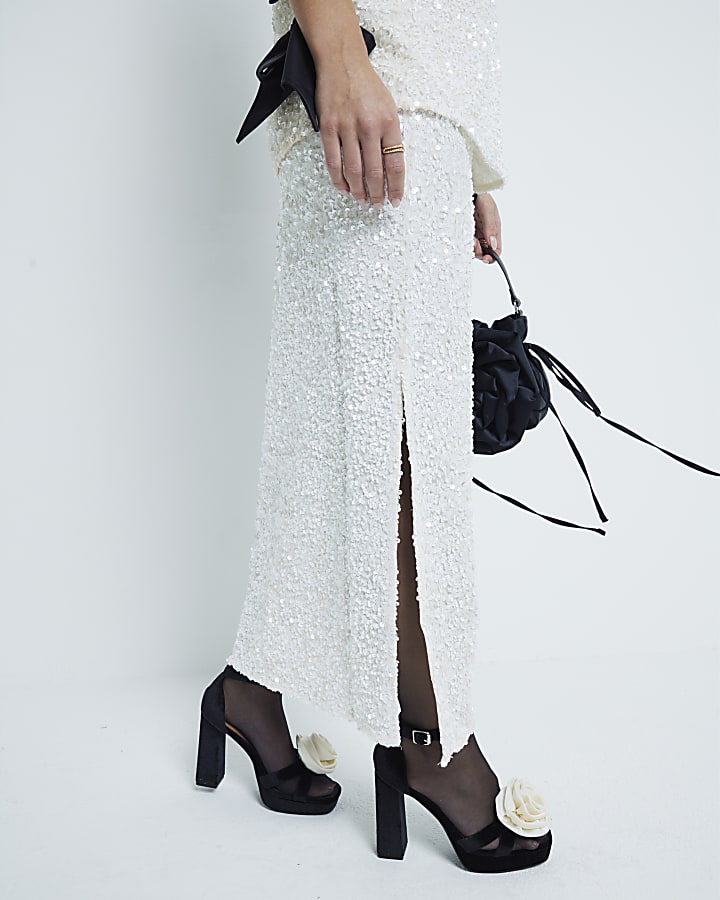 Petite White Sequin Pull On Midi Skirt