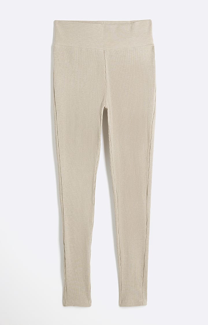 Beige High Waisted Ribbed Leggings