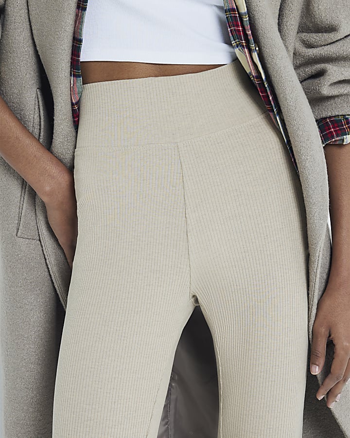 Beige High Waisted Ribbed Leggings