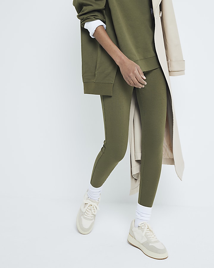 Khaki High Waisted Ribbed Leggings