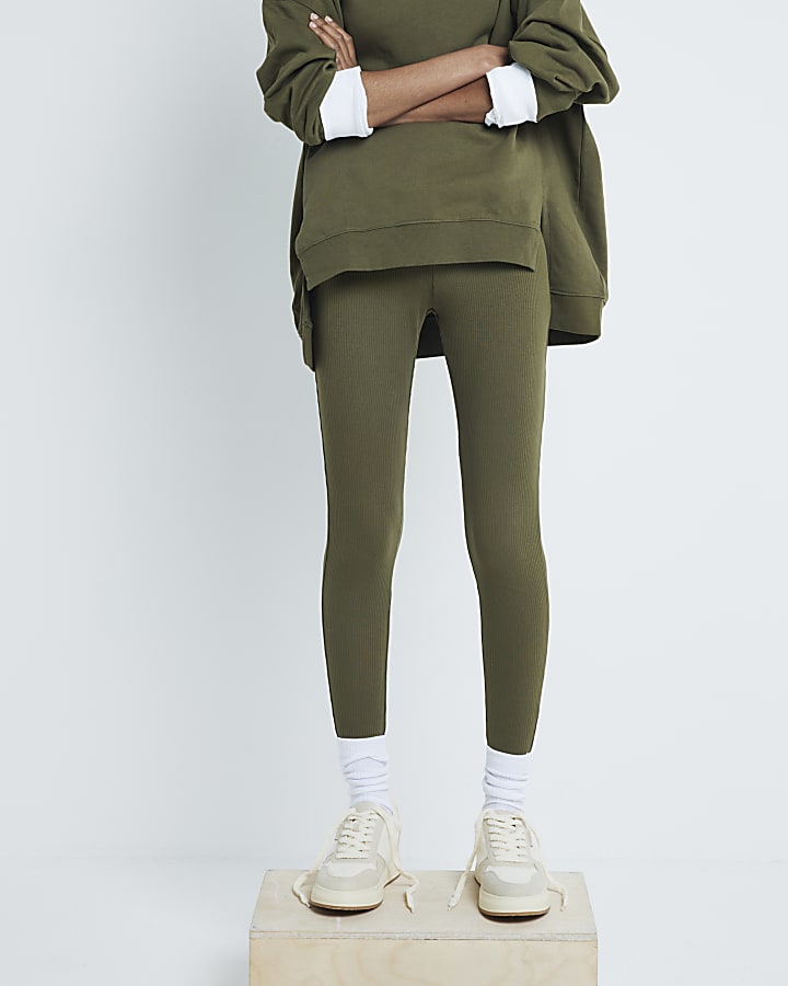 Khaki High Waisted Ribbed Leggings