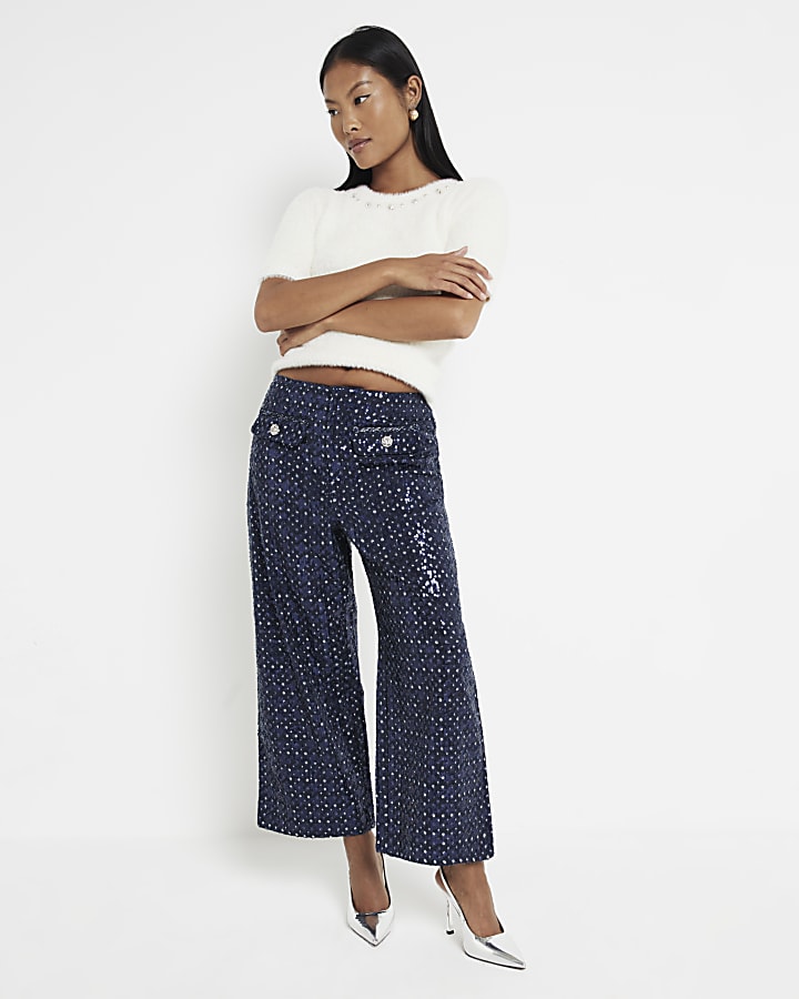 Petite Denim Sequin Wide Leg Crop Jeans River Island