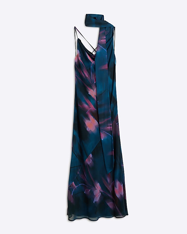 Blue abstract floral scarf bodycon maxi dress