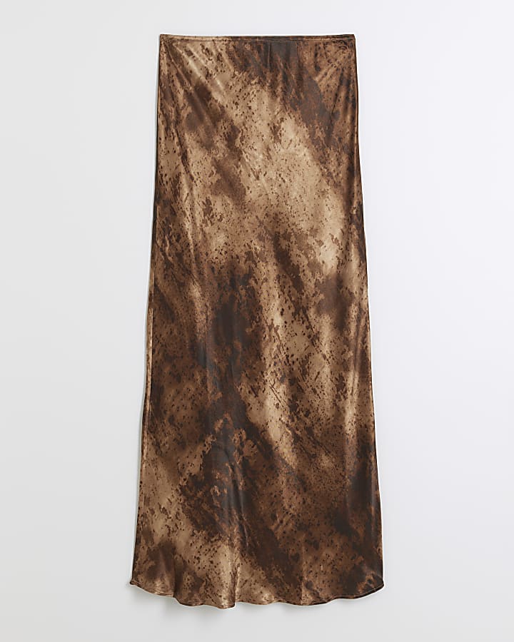 Brown Satin Abstract Maxi Skirt