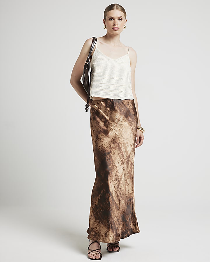 Brown Satin Abstract Maxi Skirt