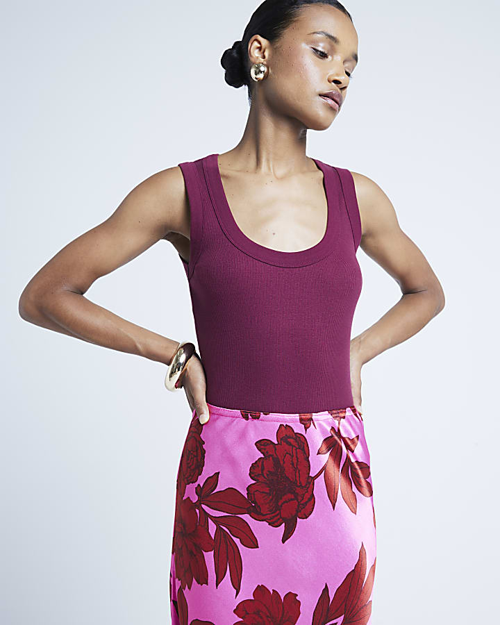 Pink satin floral maxi skirt