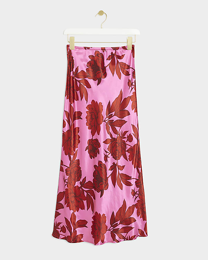 Pink satin floral maxi skirt