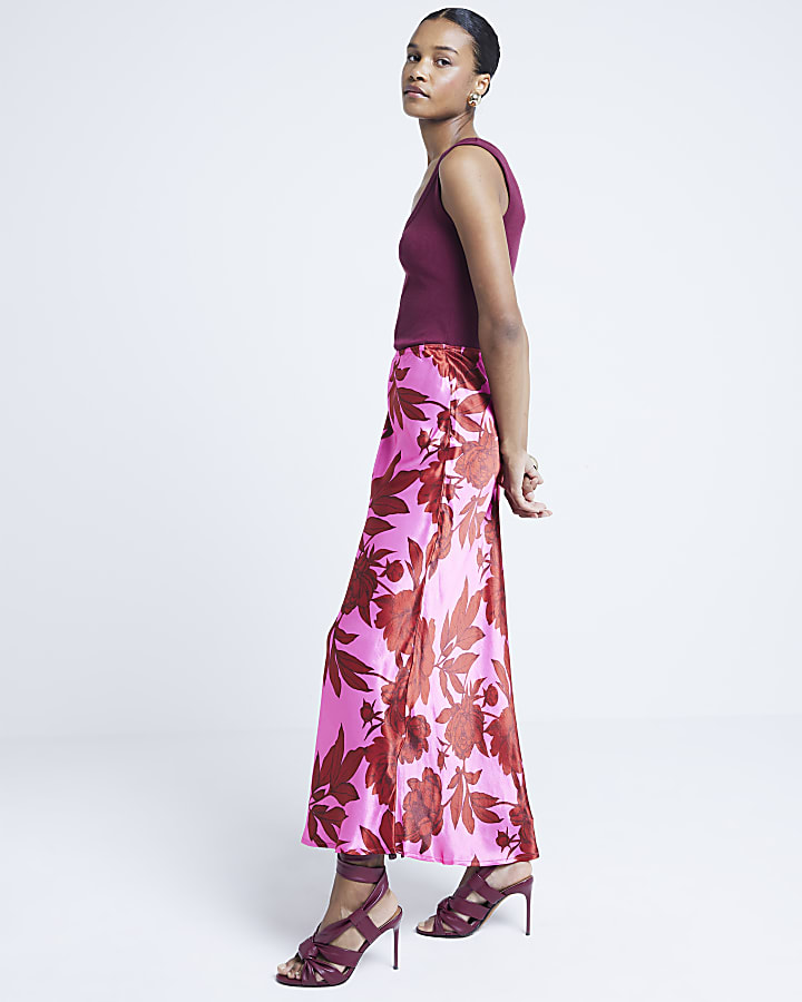 Pink satin floral maxi skirt