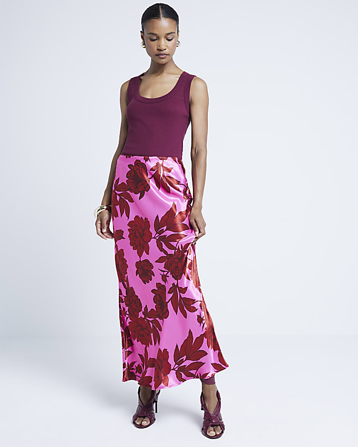 Pink satin floral maxi skirt