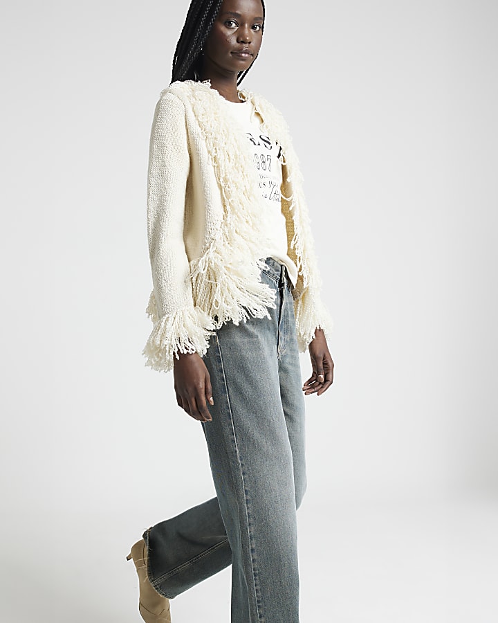 Cream Fringe Cuff Cardigan