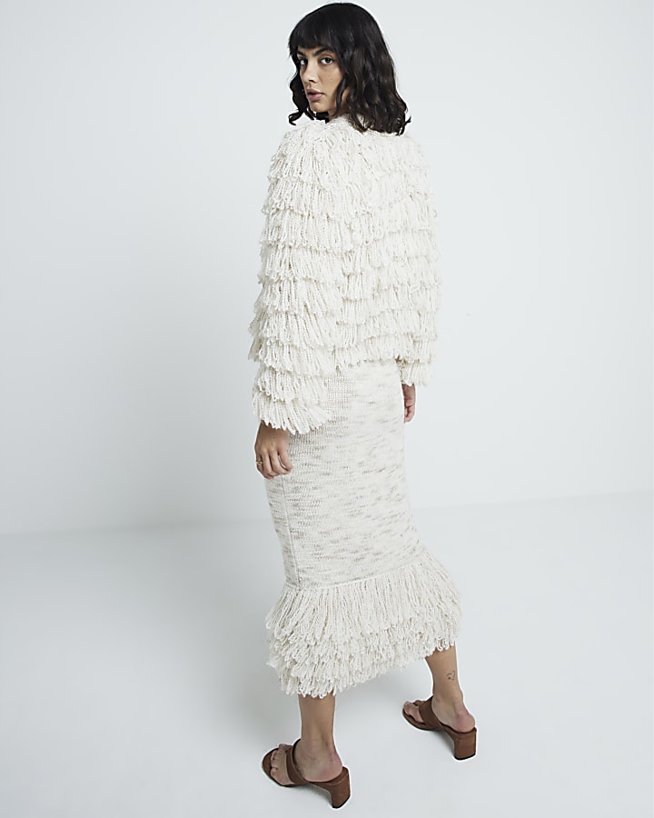 Cream knit fringe midi skirt