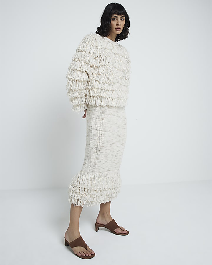 Cream knit fringe midi skirt