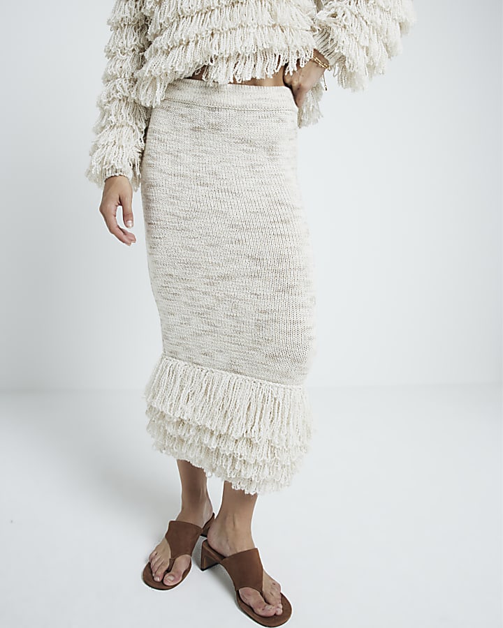 Cream knit fringe midi skirt