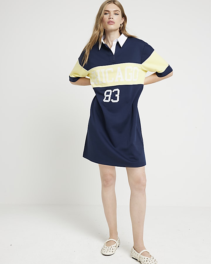 Navy stripe collared t-shirt mini dress