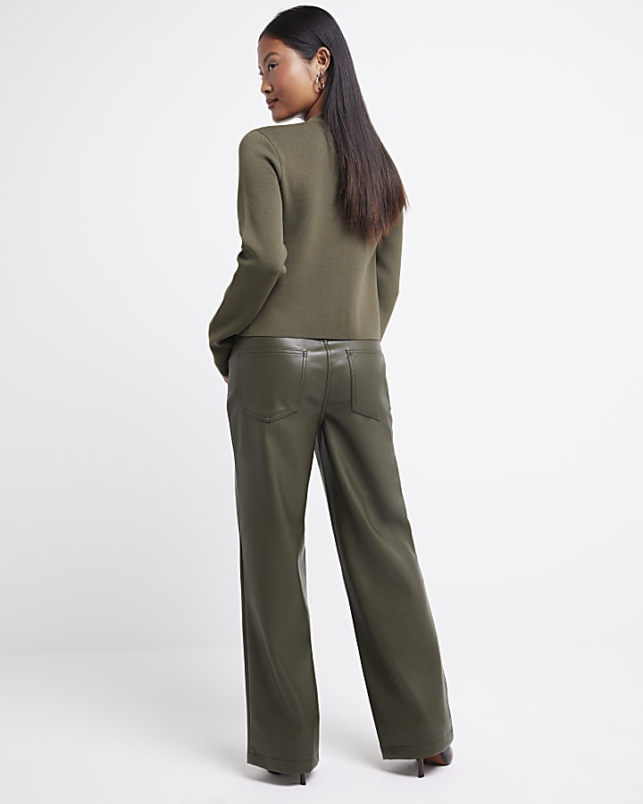 Petite Khaki Faux Leather straight trousers