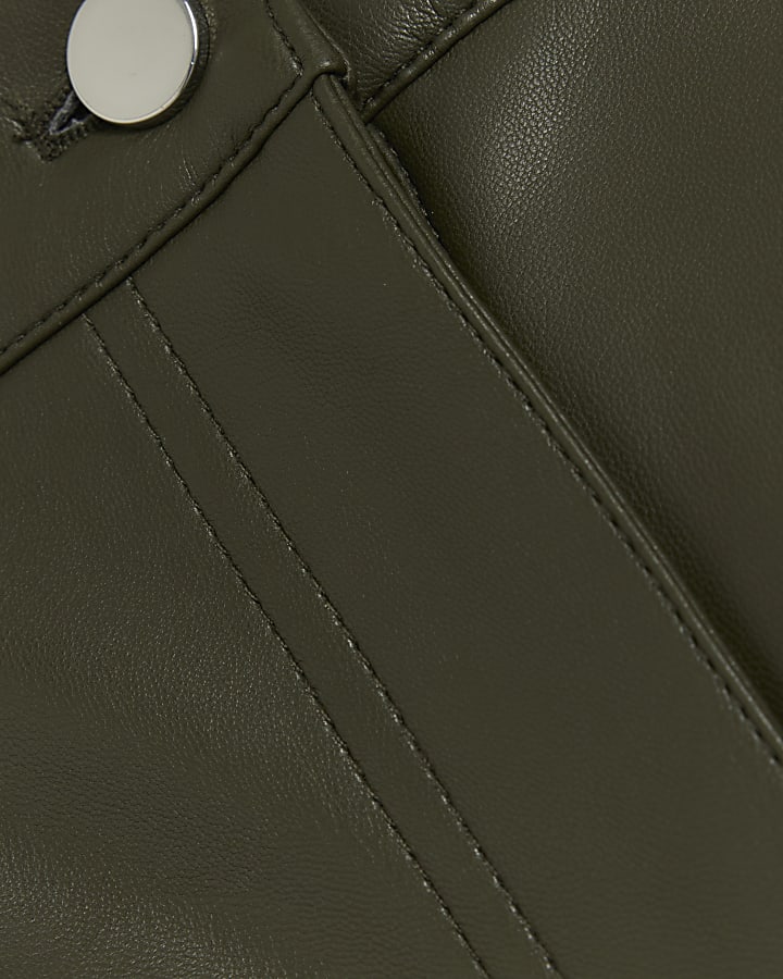 Petite Khaki Faux Leather straight trousers