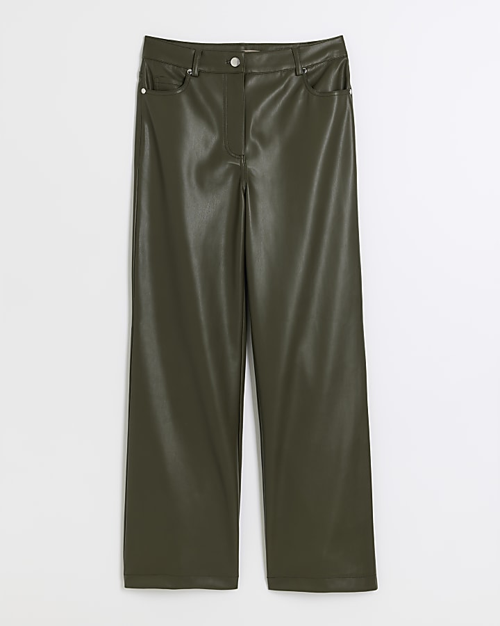 Petite Khaki Faux Leather straight trousers