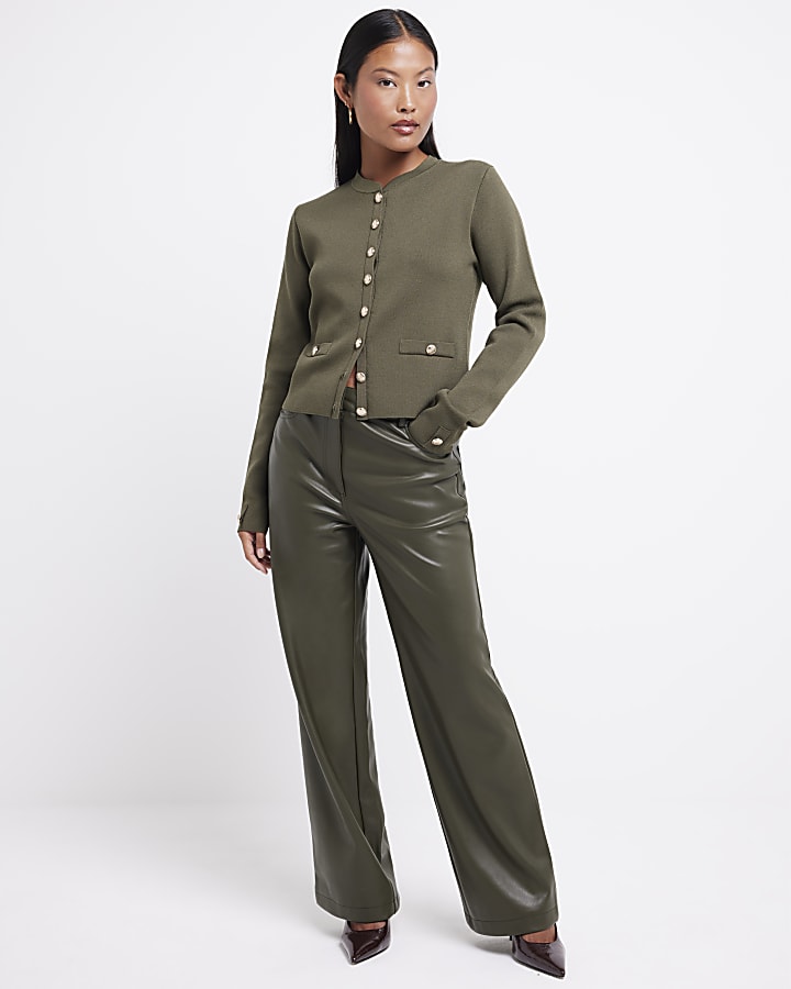 Petite Khaki Faux Leather straight trousers