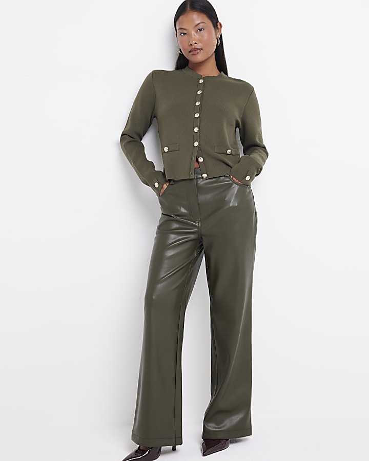 Petite Khaki Faux Leather straight trousers