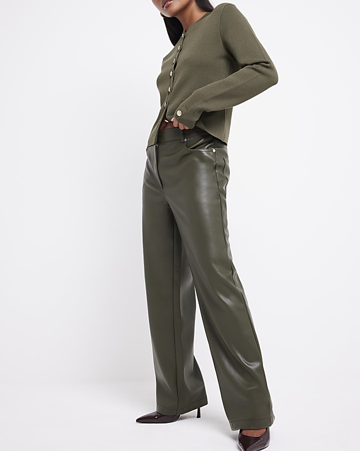 Petite Khaki Faux Leather straight trousers