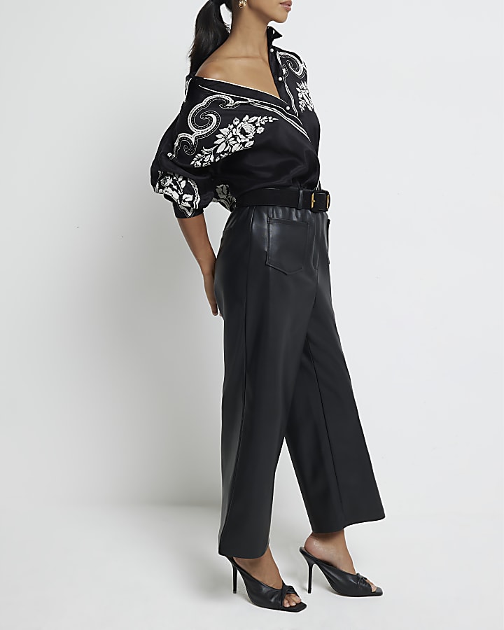 Petite black faux leather cropped trousers