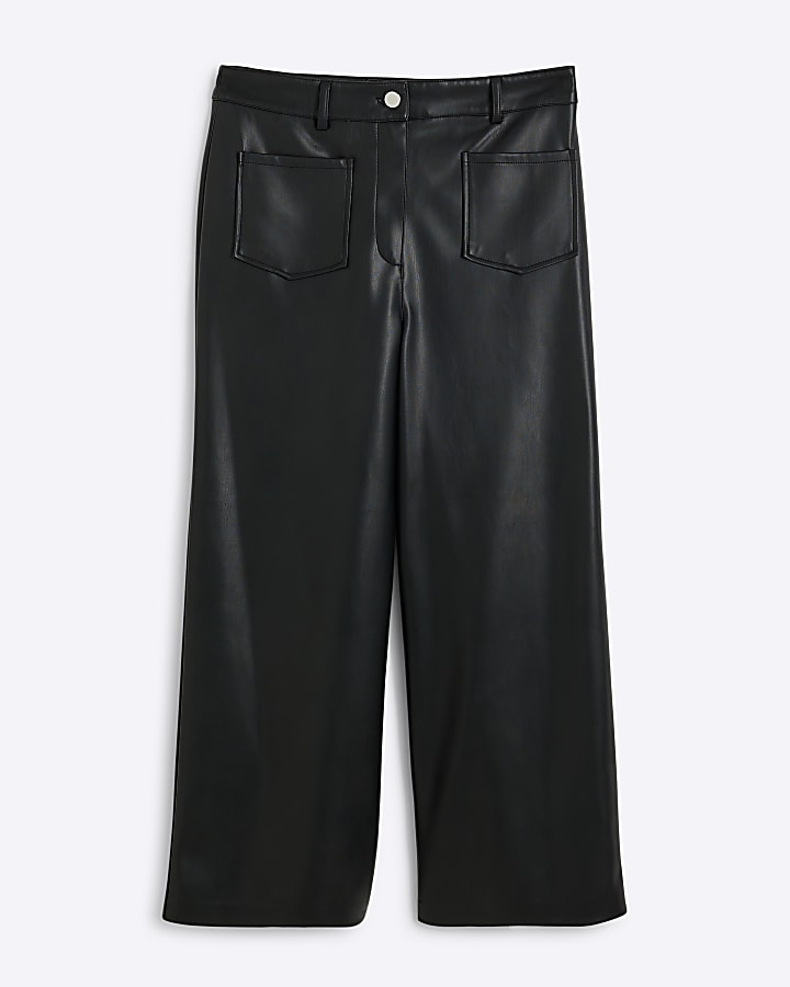 Petite black faux leather cropped trousers