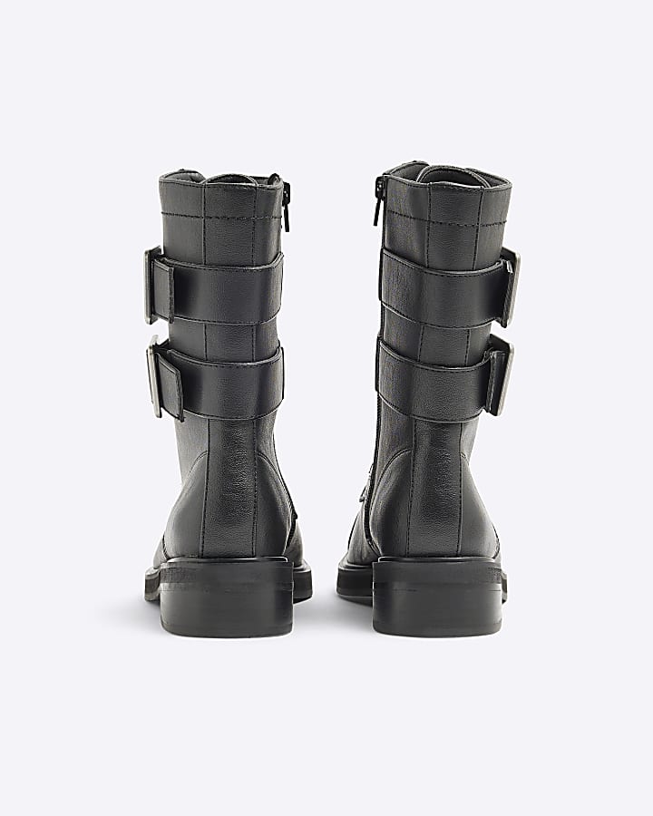 Black Double Buckle Lace Up Boots