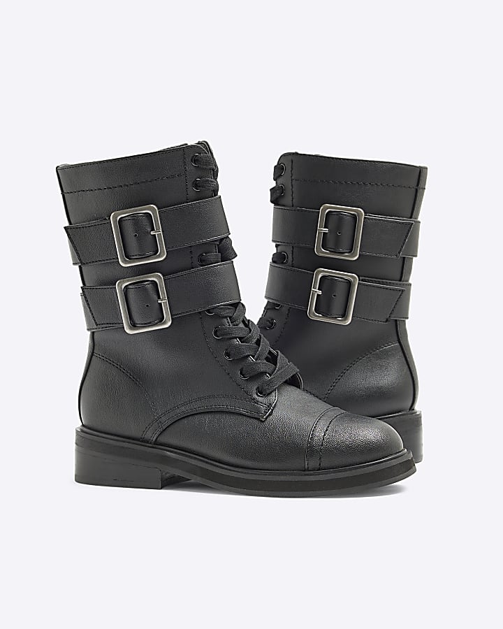 Black Double Buckle Lace Up Boots