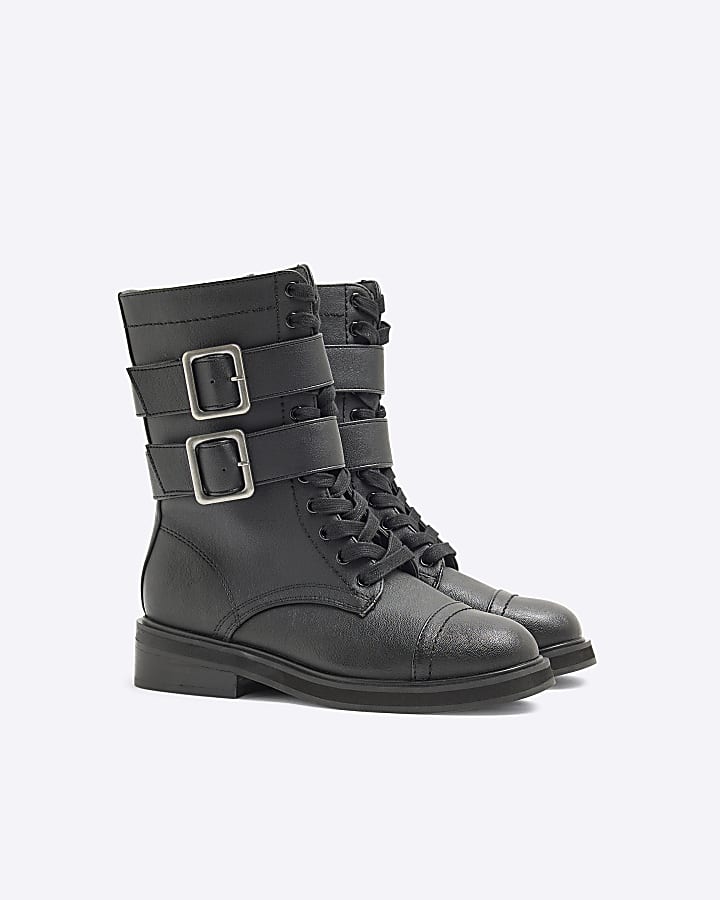 Black Double Buckle Lace Up Boots