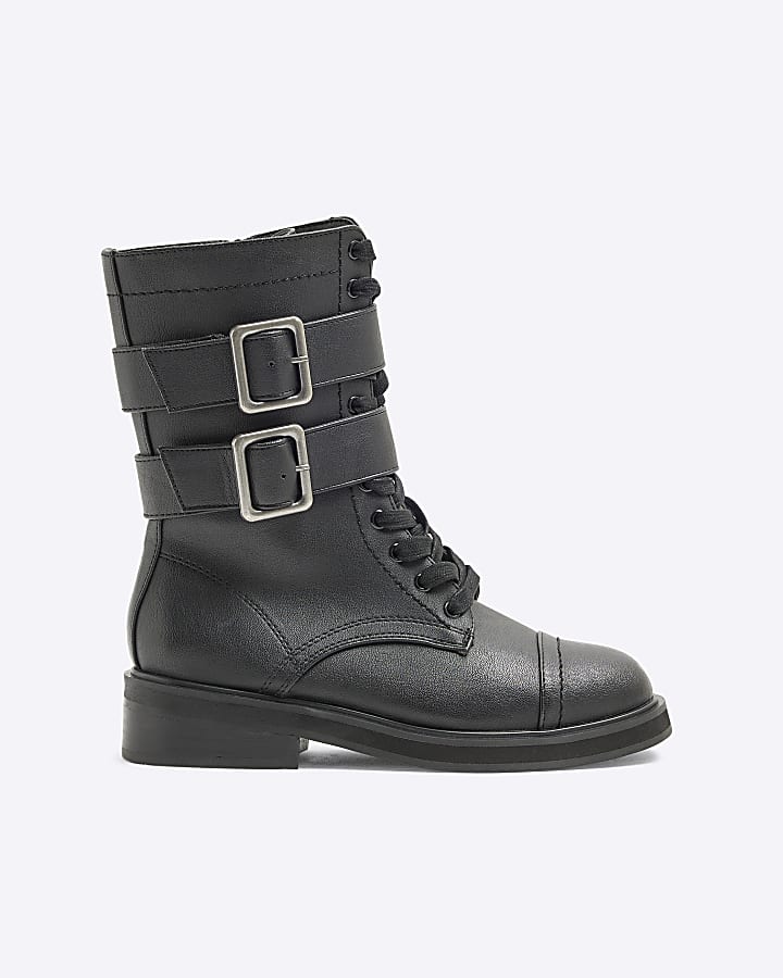 Black Double Buckle Lace Up Boots