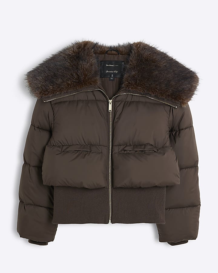 Petite Brown Faux Fur Trim Bomber Jacket