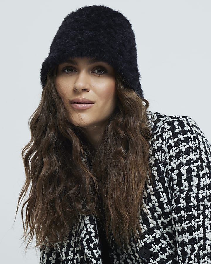 Black Faux Fur Bucket Hat River Island