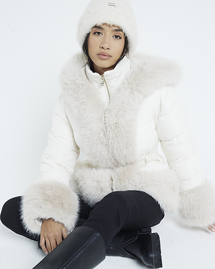 Petite Cream Faux Fur Trim Padded Jacket